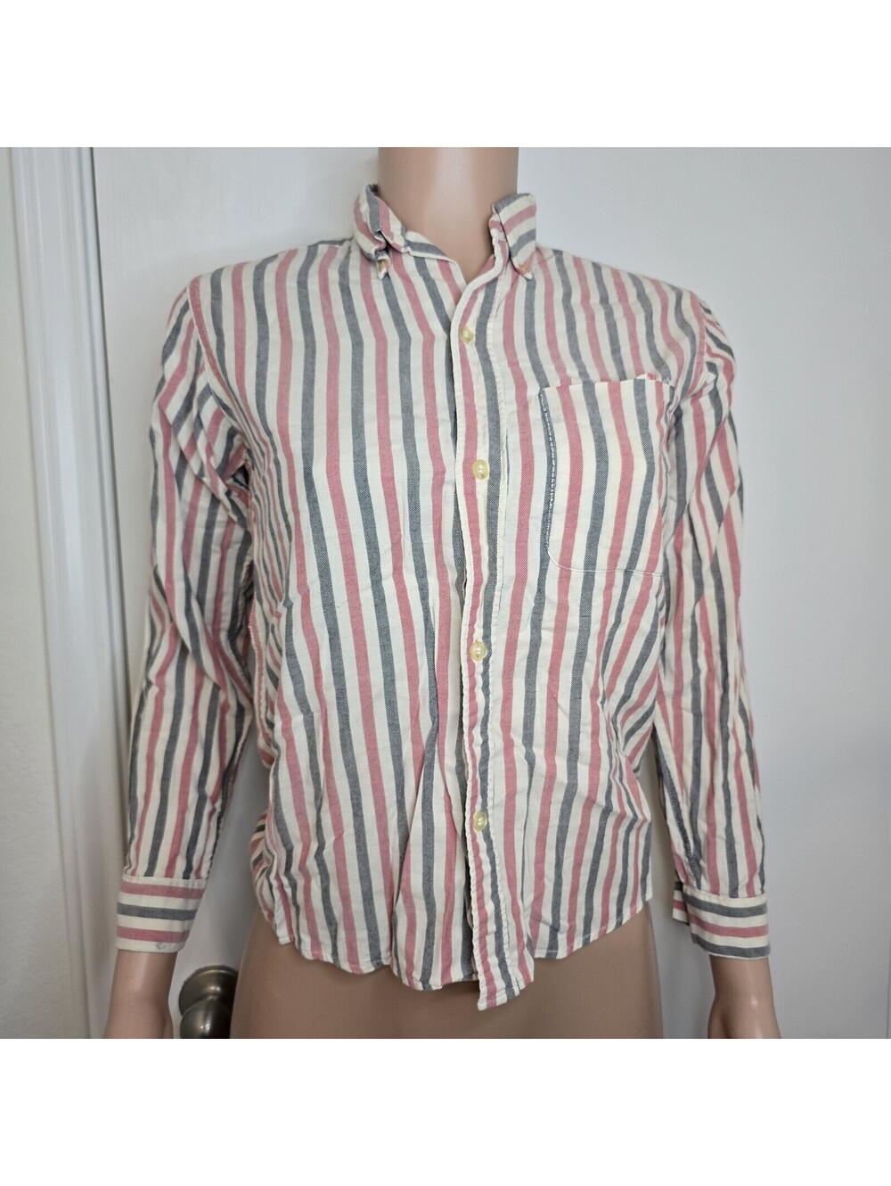 Women's VTG 60s Gentry Prep Ice Cream Shop Style Striped Pink Blue Blouse Size S